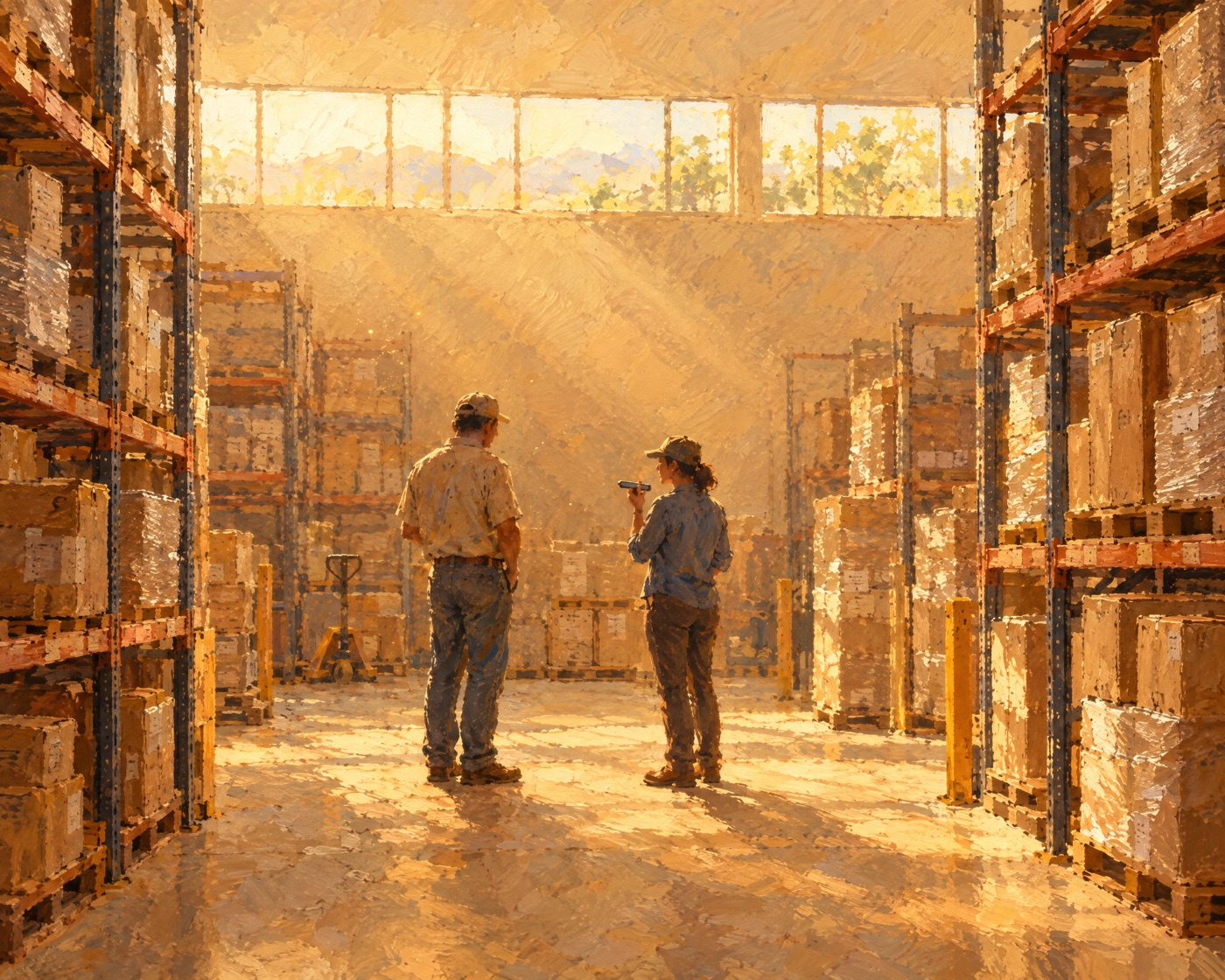 Dos personas conversando en el pasillo de una bodega, una grabando una nota de voz