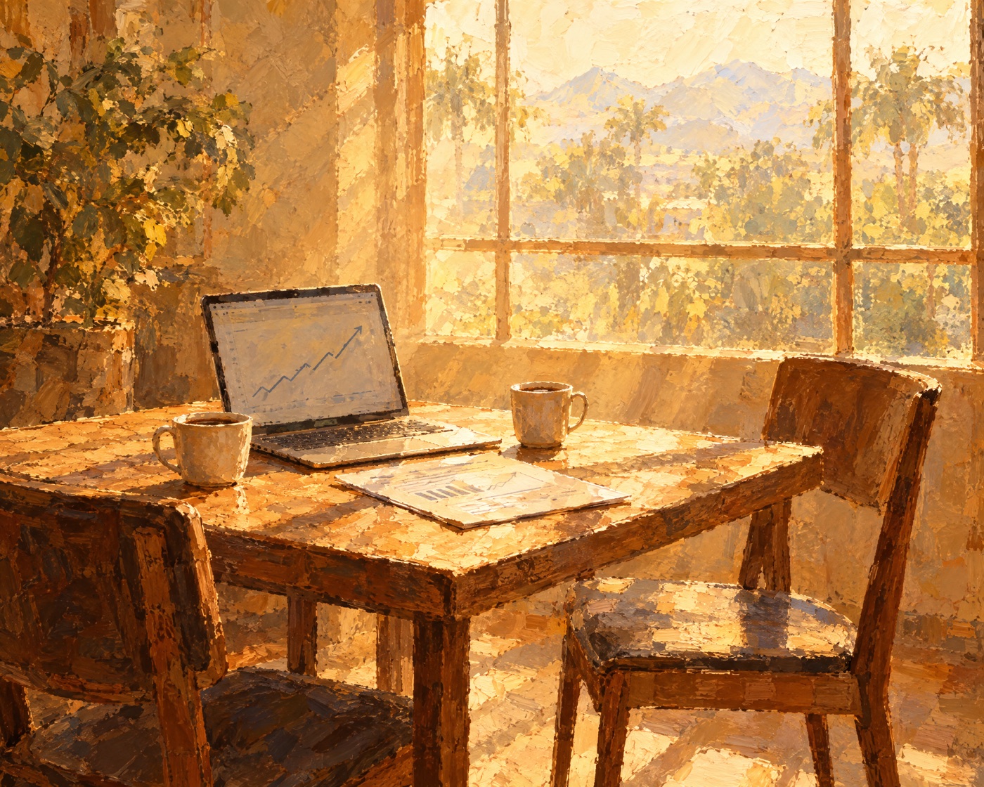 La revisión del mes: un portátil con una gráfica, papel y café junto a la ventana